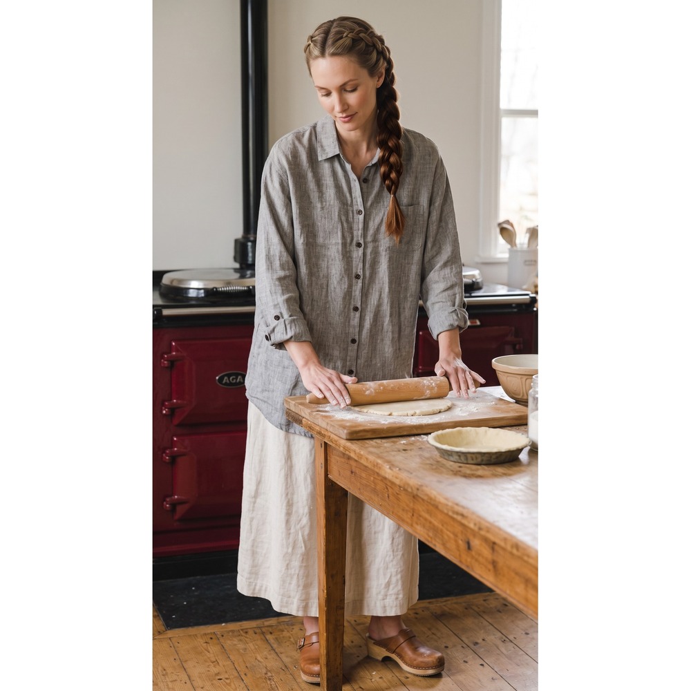 VTG FLAX Jeanne Engelhart Grey Linen Button Down  Tunic Oversized L Lagenlook